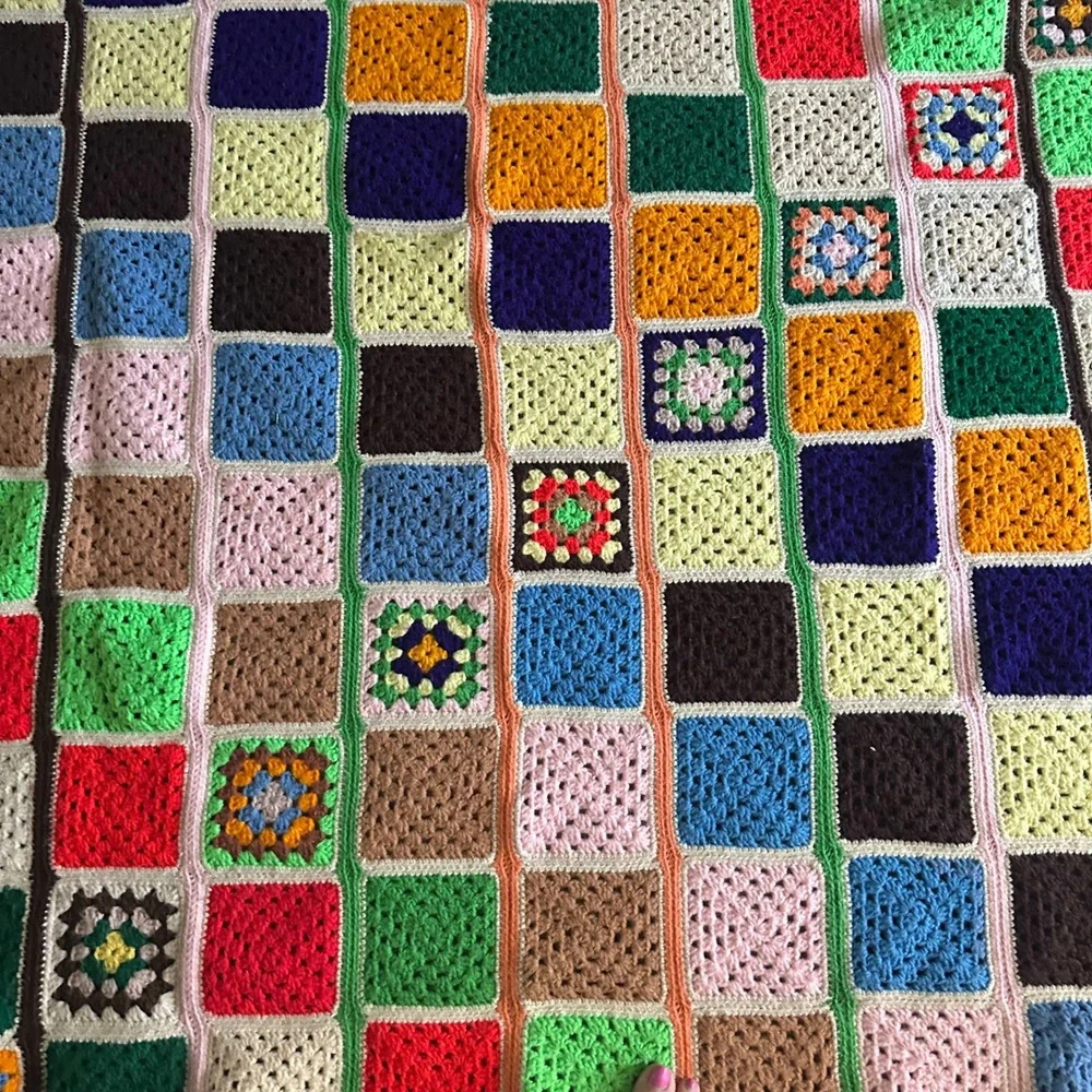 VTG Handmade Granny Square Crochet Blanket Multi Color Patchwork Afghan 52x62